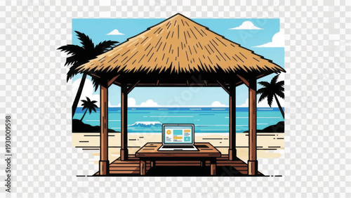 Tropical Beach Hut with Thatched Roof.
