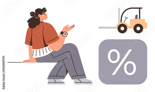 Logistics, business growth, shipping management, operational planning, investment analysis, freight handling. Woman gesturing, forklift percentage icon. Logistics and shipping management concept