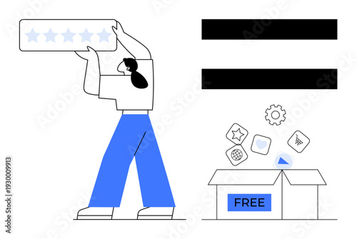 Woman holding a five-star rating panel, open box labeled FREE, icons thumbs up gear, star, and graph. Ideal for feedback, rating systems, product value, innovation user experience