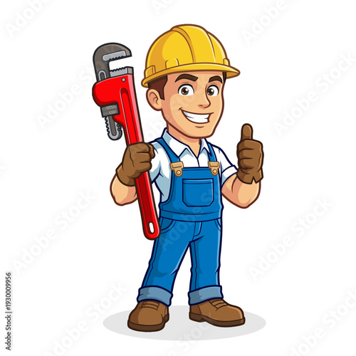 Friendly Plumber Mascot Character Holding Large Pipe Wrench, Professional Handyman for Repair and Maintenance Service
