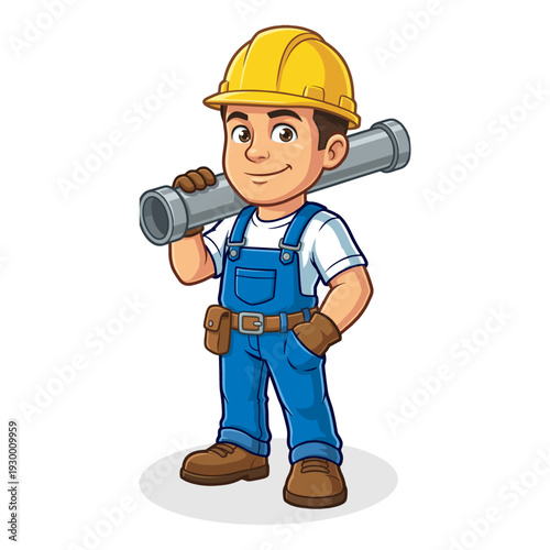 Professional Plumber Mascot Character Carrying Metal Pipe on Shoulder, Construction and Plumbing Service Worker Illustration