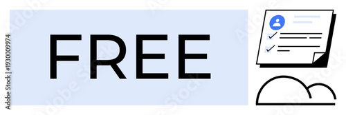 Bold FREE text accompanied by a profile checklist and cloud icon, emphasizing free services or tools. Ideal for marketing, subscription, technology, user onboarding, storage, data access, modern flat