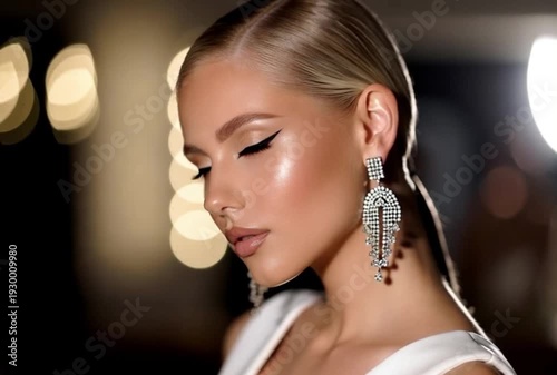A glamorous brunette woman with elegant makeup and jewelry poses in a studio close-up highlighting her beauty and expressive eyes
