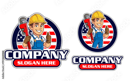 Professional Plumbing Service Logo Template with American Flag Background, Handyman Plumber Mascot Holding Pipe Wrench
