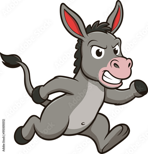 Funny Angry Donkey Cartoon Character Running Fast with Determined Expression, Cute Farm Animal Mascot Illustration Isolated on White Background for Kids Design