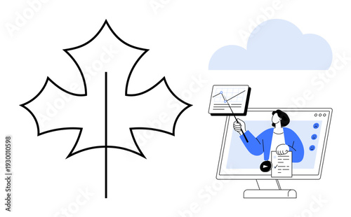 Online education concept. Digital learning illustrated with an abstract maple leaf outline and a virtual classroom. Online education fostering remote learning experiences. For e-learning