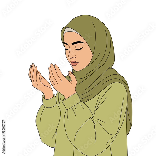 Woman wearing Hijab praying with hands clasped together in contemplation