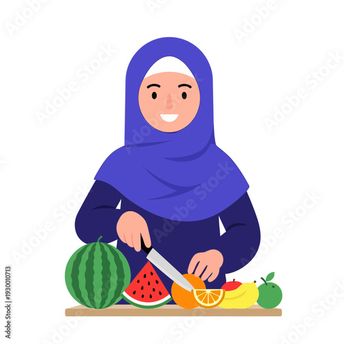 Muslim woman preparing fresh fruit in kitchen