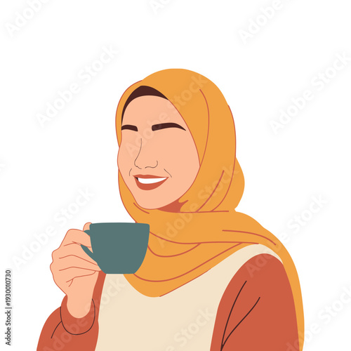 Woman in hijab smiling while holding a cup, serene moment captured