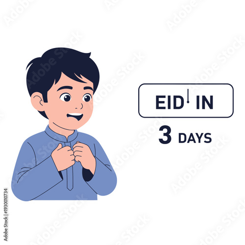 Young boy eagerly counting down to Eid celebration with joyful expression