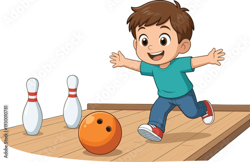 Happy little boy playing bowling game on indoor wooden lane with colorful ball and pins cartoon illustration for kids sports concept fun family activity theme