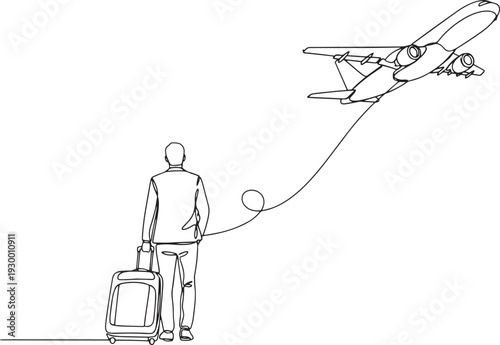 Continuous line art of traveler with suitcase watching airplane take off