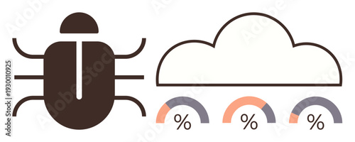 Cybersecurity, data management, software bugs, analytics, technology, cloud computing. A bug icon next to a cloud with percentage gauges. Cybersecurity and data management concepts