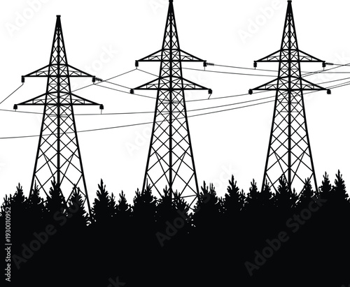 High voltage power transmission towers above forest silhouette at dusk, electricity grid infrastructure with dramatic blue sky background and energy industry concept.