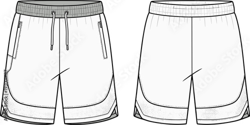 Men's Athletic Shorts Technical Drawing with Elastic Waistband, Drawstring and Mesh Panel Details, Front and Back View Apparel Flat Sketch Design Template