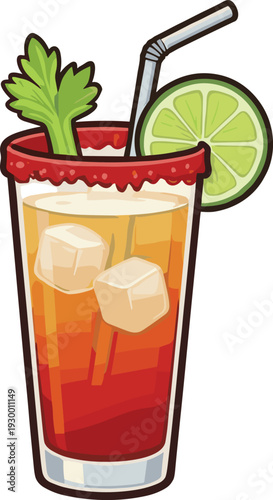Refreshing Iced Cocktail Illustration with Lemon Slice, Celery Garnish and Straw in Tall Glass, Colorful Hand Drawn Summer Drink Isolated on White Background
