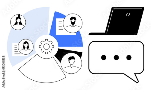 Teamwork, virtual communication, business collaboration, project management, remote work, online tools. Circular diagram with profiles, texts gear icon laptop and chat bubble. Teamwork and virtual