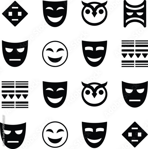 Seamless pattern of theatrical masks and owl icons in black and white, repeating vector illustration background with drama comedy faces and geometric symbols