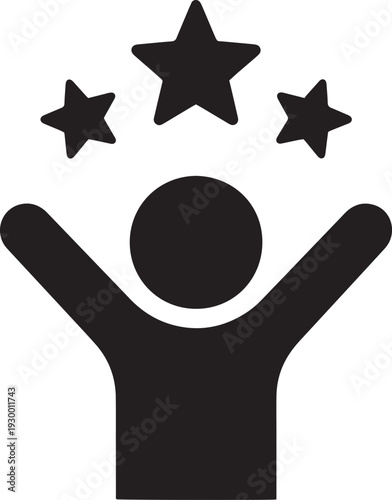 Person with raised arms and three stars. Black icon for success and fame.