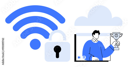 wireless symbol with lock for network security, cloud for remote data storage, and person holding trophy for success. Ideal for technology, cybersecurity, remote work, achievements, online storage