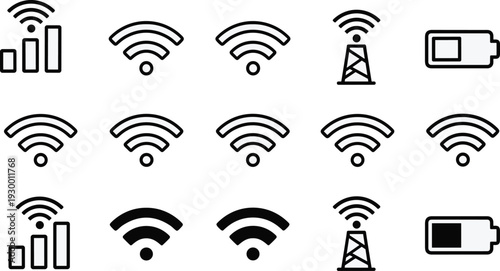 Set of WiFi signal icons, wireless network symbols, cellular tower, mobile signal strength bars and battery status indicators isolated on white background vector illustration