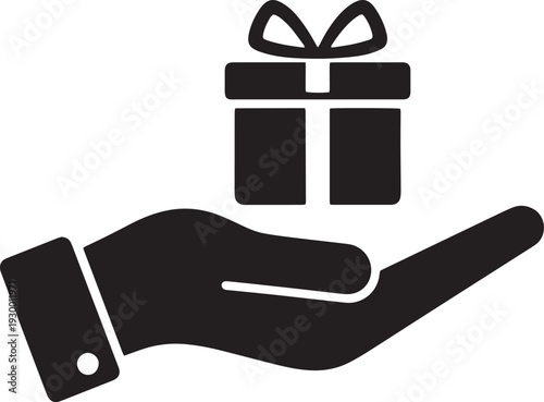 Hand holding a gift box with ribbon. Black icon for giving and rewards.
