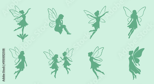 Magical Fairy Silhouettes Collection Featuring Elegant Winged Pixies in Various Poses Flying and Sitting for Fantasy and Enchanted Garden Designs