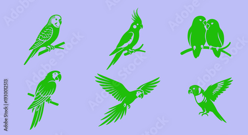 Green Parrot and Bird Silhouette Set with Macaw, Cockatiel, Budgerigar, and Lovebirds Sitting on Branch and Flying Isolated on Light Purple Background