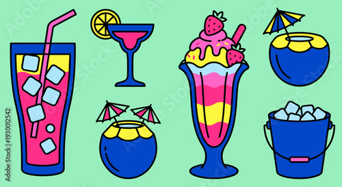 Summer Tropical Drinks and Cold Beverage Sticker Set Featuring Cocktails, Coconut Water, Ice Cream Sundae, and Ice Bucket in Vibrant Blue and Pink Colors