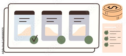 Subscription services, financial plans, pricing options, decision-making, product comparison, business solutions. Three plans with checkmarks, checklist coins. Subscription services and financial