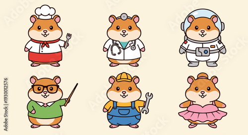Adorable hamster character set representing different professions like chef, doctor, astronaut, teacher, builder and ballerina for educational materials.