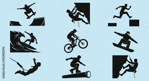 Extreme sports athlete silhouettes set featuring skateboarding, climbing, parkour, surfing, mountain biking, snowboarding, bungee jumping and rollerblading.