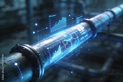 Futuristic smart water pipeline system with AI powered leak detection, IoT sensors and digital monitoring interface, showcasing sustainable infrastructure, data analytics, blue technology flow.