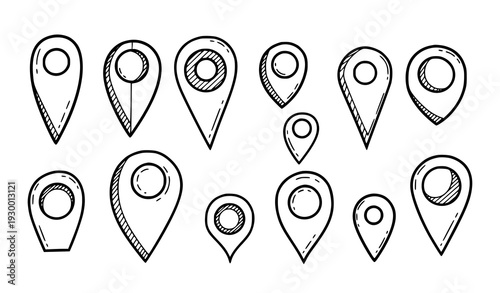 A set of hand-drawn map pin icons in a minimalist line art style