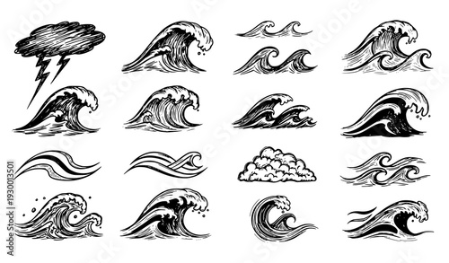 A set of black and white vector wave illustrations with stormy weather
