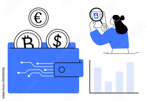 Cryptocurrency theme. Digital wallet holding Bitcoin, Dollar, and Euro symbols with blockchain design. Woman conducting identity verification. Cryptocurrency for security, fintech, payments