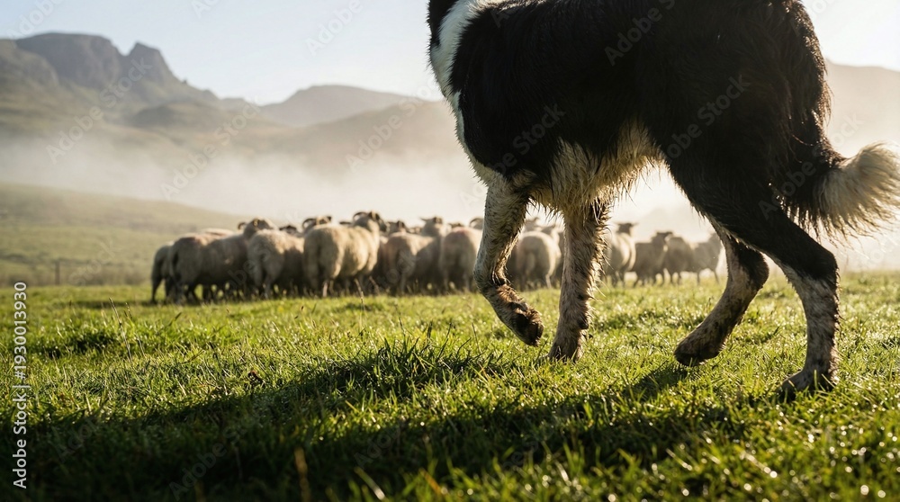 Fototapeta premium Working Border Collie Herding Sheep on a Sunny Hillside Field