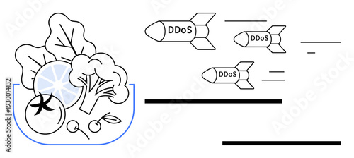 Mixed vegetables, including lettuce, broccoli, tomato, and lemon slice, beside rockets labeled DDoS attacking. Ideal for cybersecurity, online threats, cybercrime data safety defense hacking