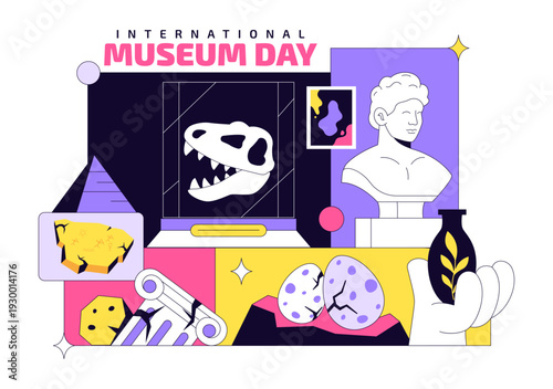 International Museum Day Illustration Featuring a Gallery Building, Cultural Heritage Elements, and Artworks for Educational And Historical Events