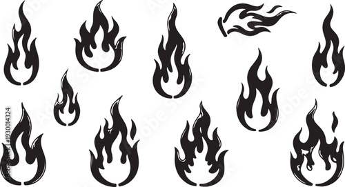 Set of fire icons. Flame design of different shapes. Bonfire images Realistic burning fire flames with shiny bright elements. 