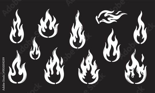 Set of fire icons. Flame design of different shapes. Bonfire images Realistic burning fire flames with shiny bright elements. 