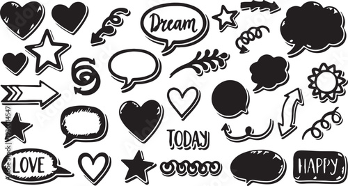 Color comic effect and kawaii emotion elements. Hand drawn doodle icons dynamic manga speed lines, bursts speech bubbles cute hearts, clouds faces for playful anime scenes