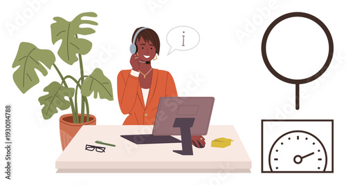 Customer service, information assistance, workplace technology, communication, desk job, remote work. Woman at desk with headset and computer. Customer service and communication concept