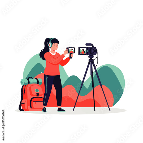 A young woman records a travel vlog with her smartphone and camera on a trip