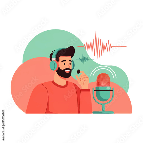 A cartoon man wearing headphones and speaking into a microphone with sound waves emanating from it