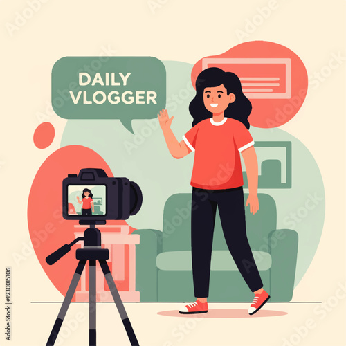A young woman recording a daily vlog in a cozy living room with a camera on a tripod