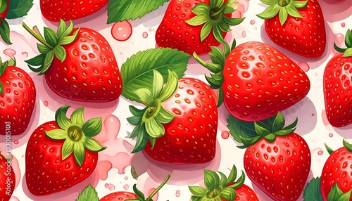 Vibrant illustration of ripe strawberries with green leaves on a pink background