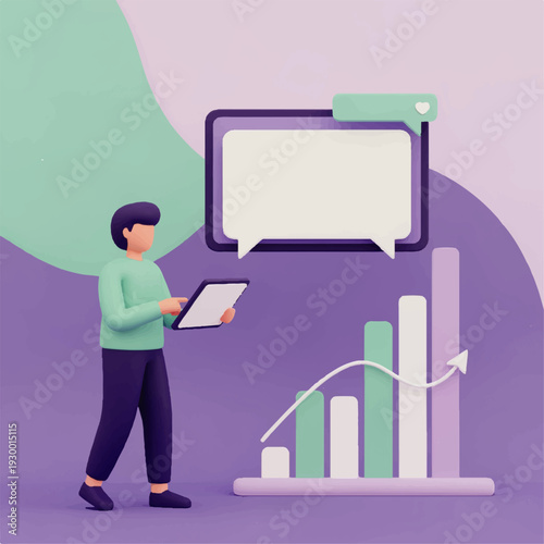 A woman holding a tablet next to a bar graph with a speech bubble above it, representing data analysis and communication in a modern workspace.