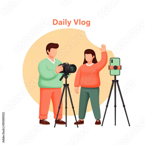 A man and woman creating content for a daily vlog with camera and smartphone on tripods