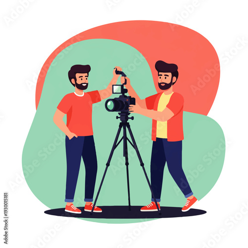 Two men working together to set up a camera on a tripod for a video production project